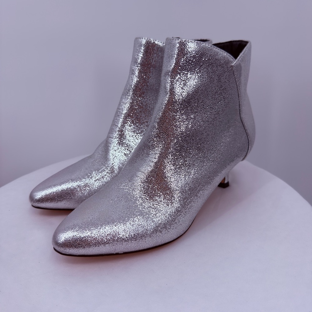 Silver Metallic Ankle Booties Kitten Heel Pointed Toe Size 6